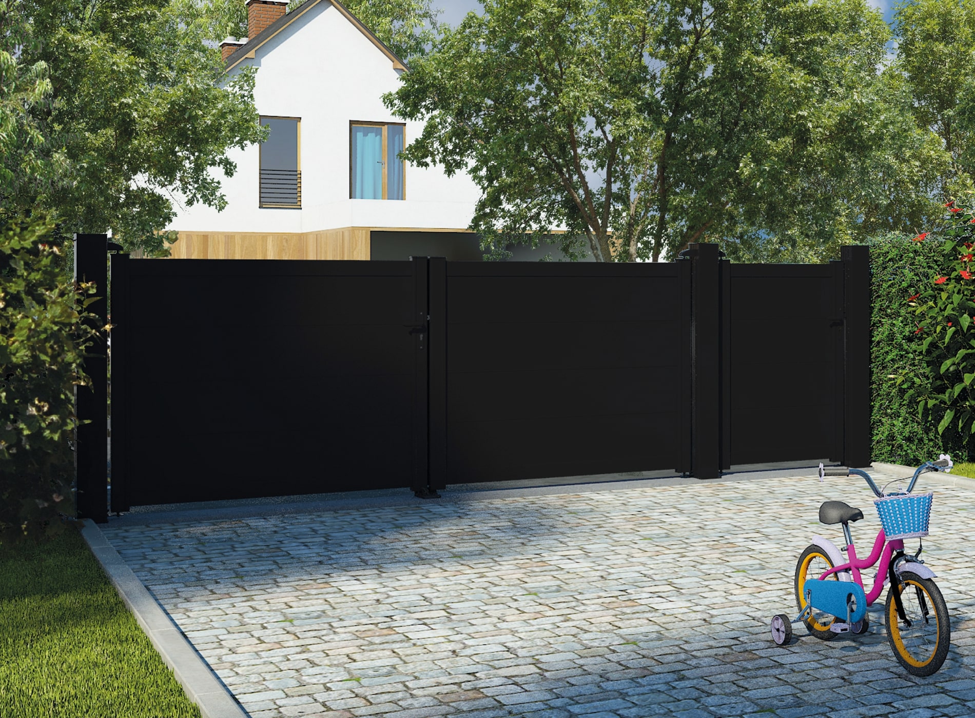 Klos up portail aluminium battant HEZO lames pleines 300 - Noir Sablé 2100