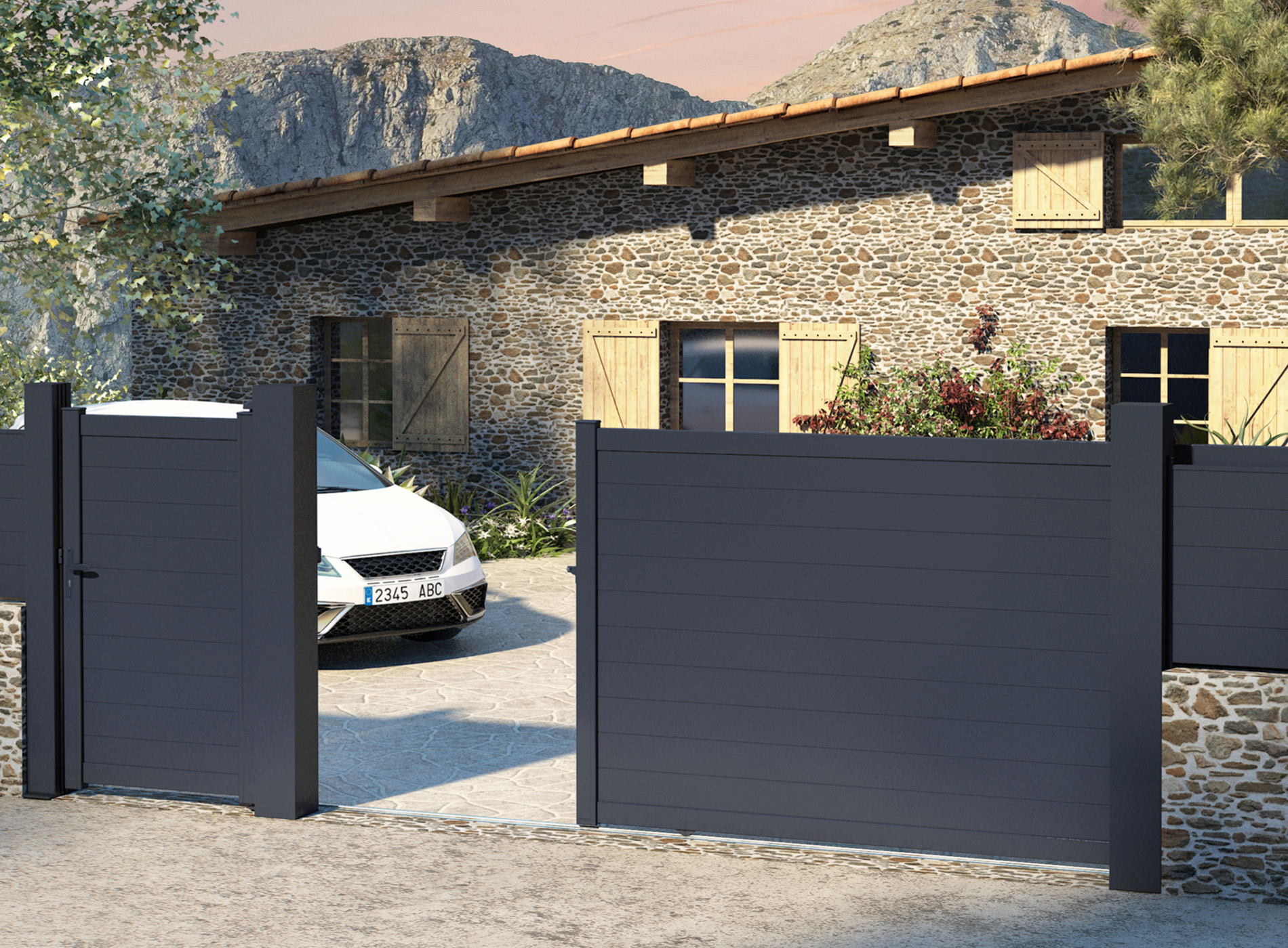 Klos up portail aluminium coulissant LAO lames pleines 150 - Gris Zinc 7016