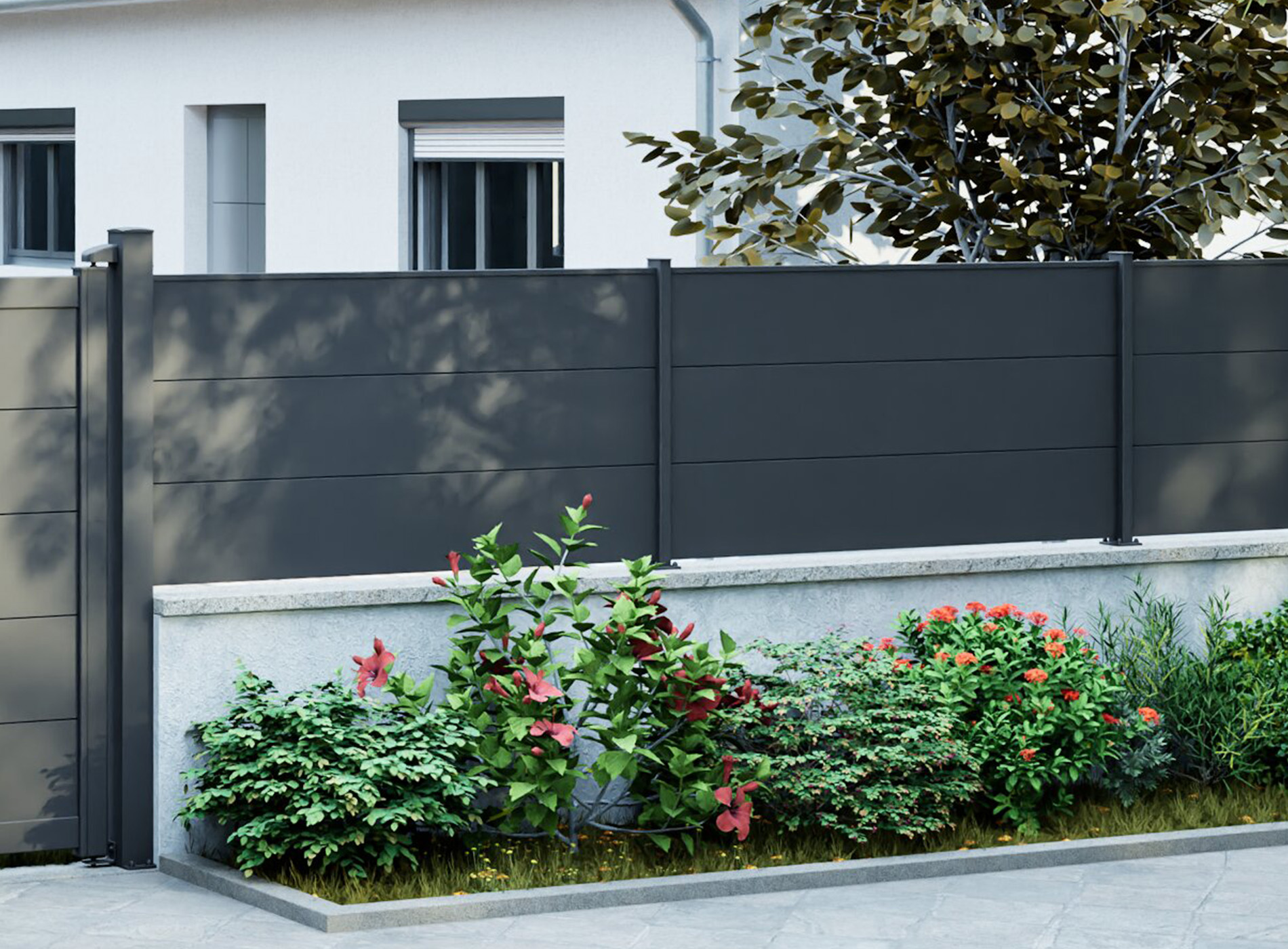 Clôture HEZO lames pleines 300 mm en Gris Quartz 7039