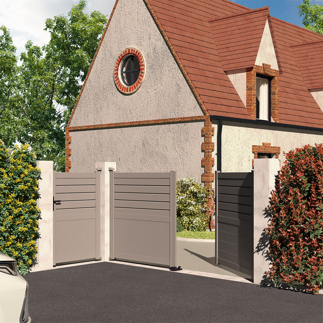 Portail battant et portillon pleins en aluminium CARNAC - Gris quartz (RAL7039)