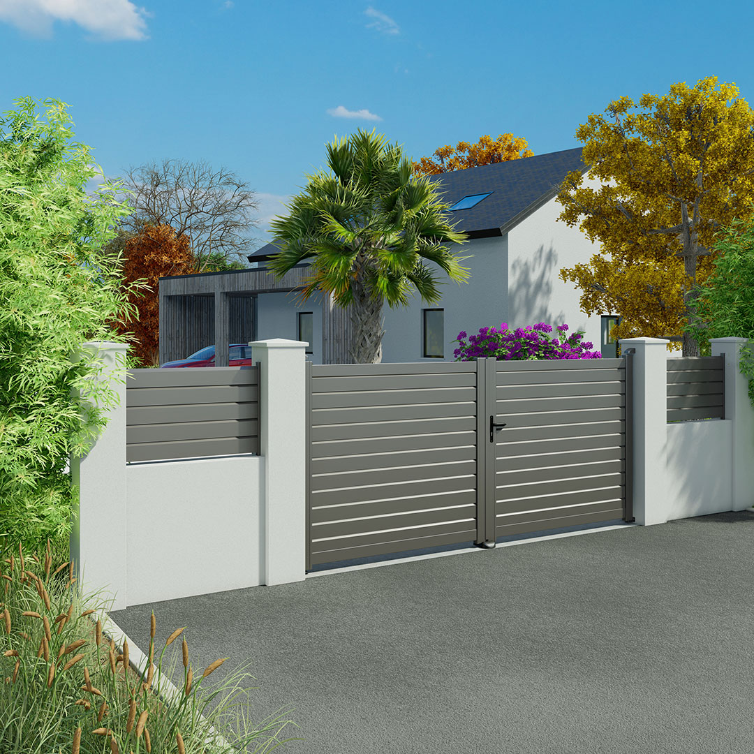 Portail battant persienné en aluminium ZEF - Gris sablé (RAL2900)