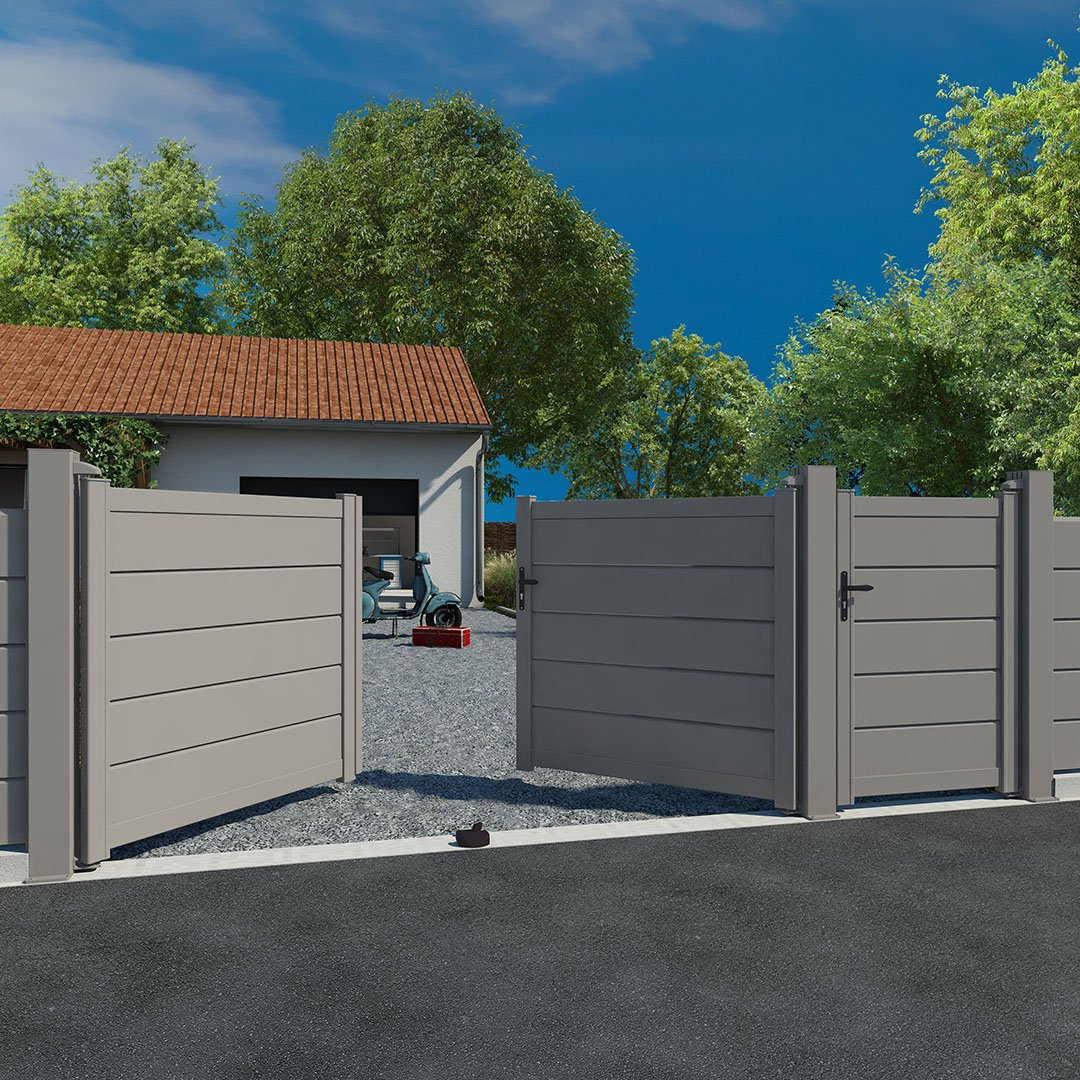 Portail et portillon persiennés en aluminium ALIZ - Gris quartz (RAL7039)
