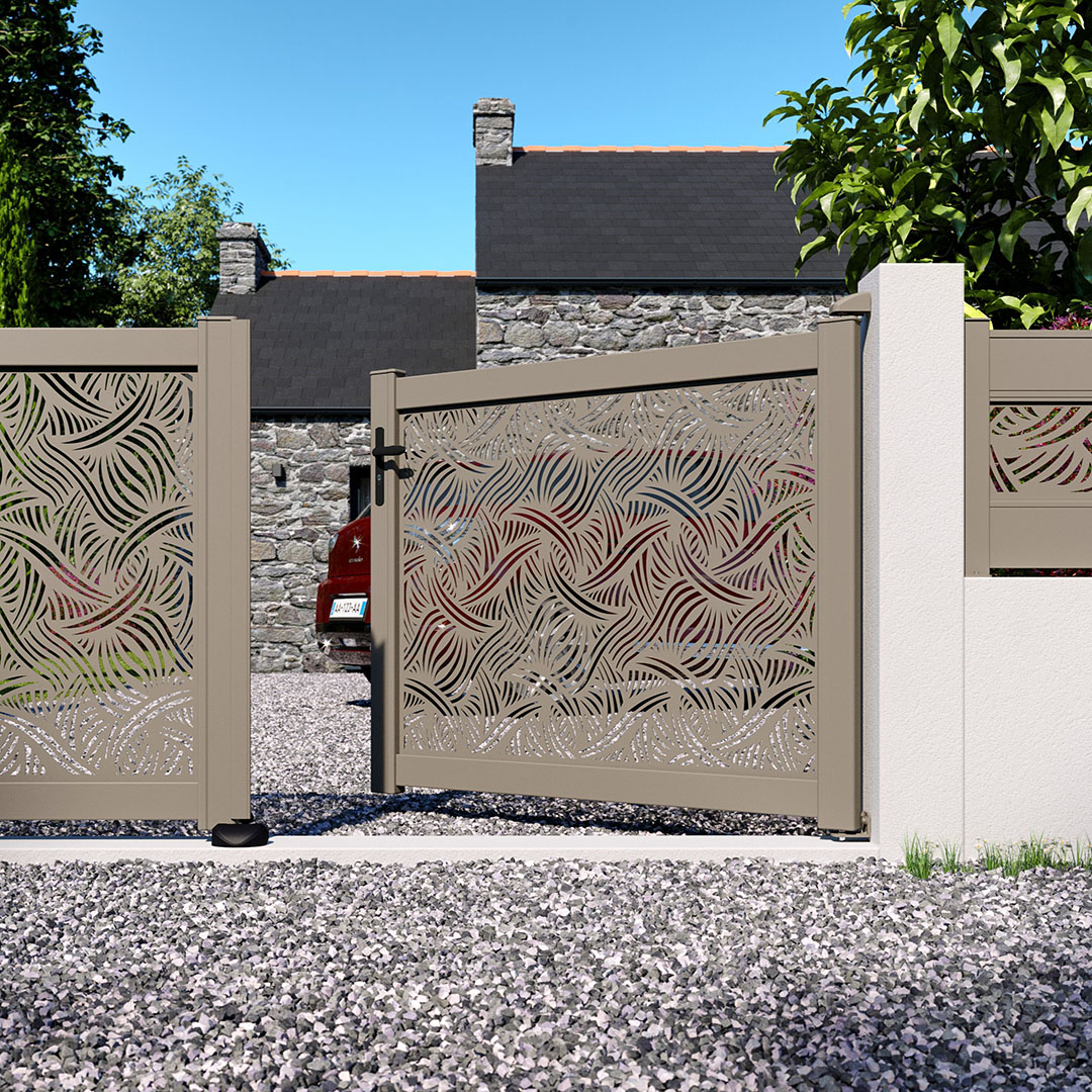 Portail battant en aluminium, Décor PALM, RAL 7039
