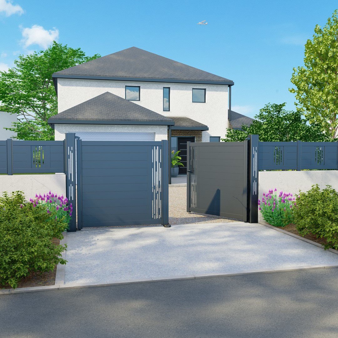 Portail battant en aluminium, Décor LIGNE, RAL 7016