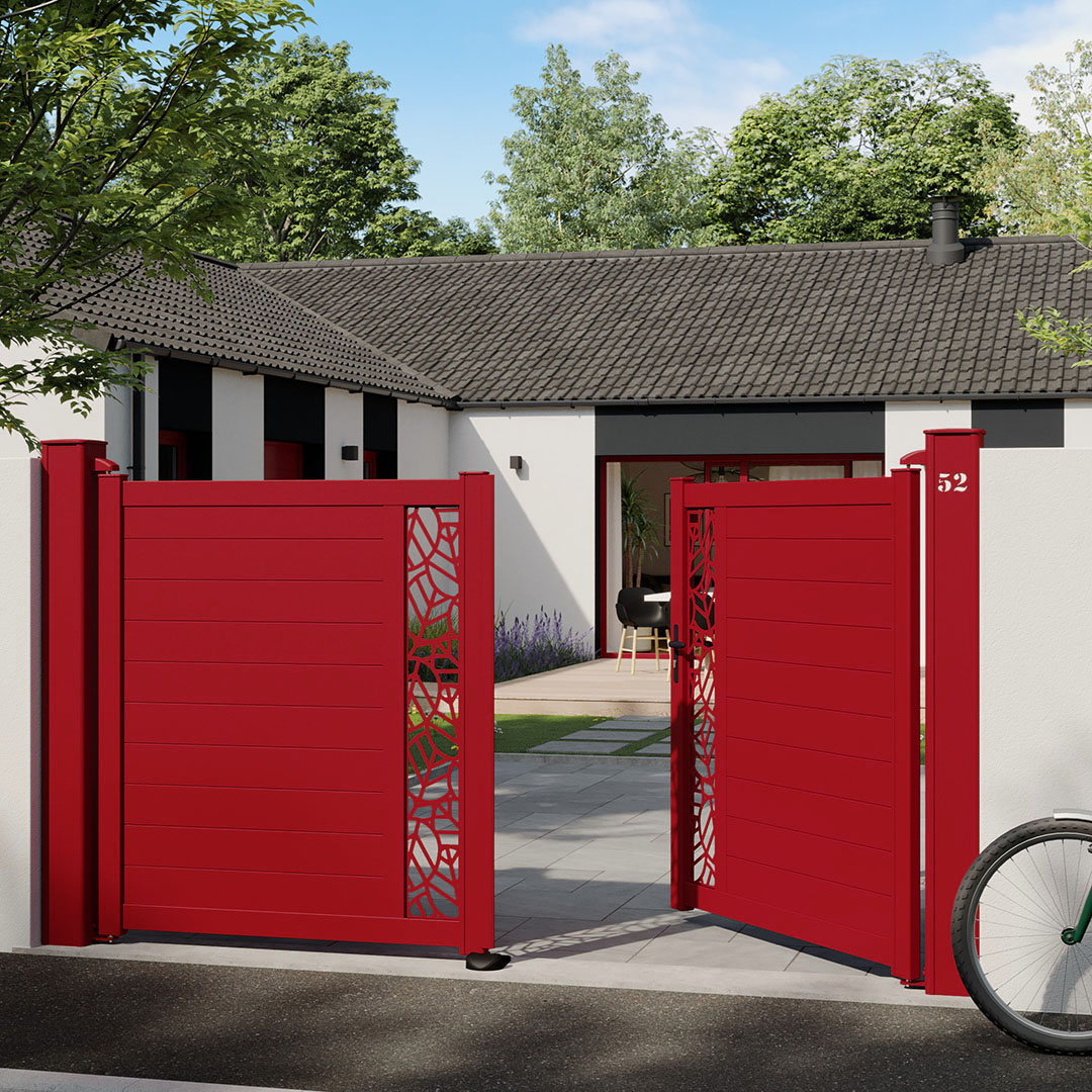 Portail battant en aluminium MIX-IT ! – Décors verticaux Tek - Rouge (RAL3004)
