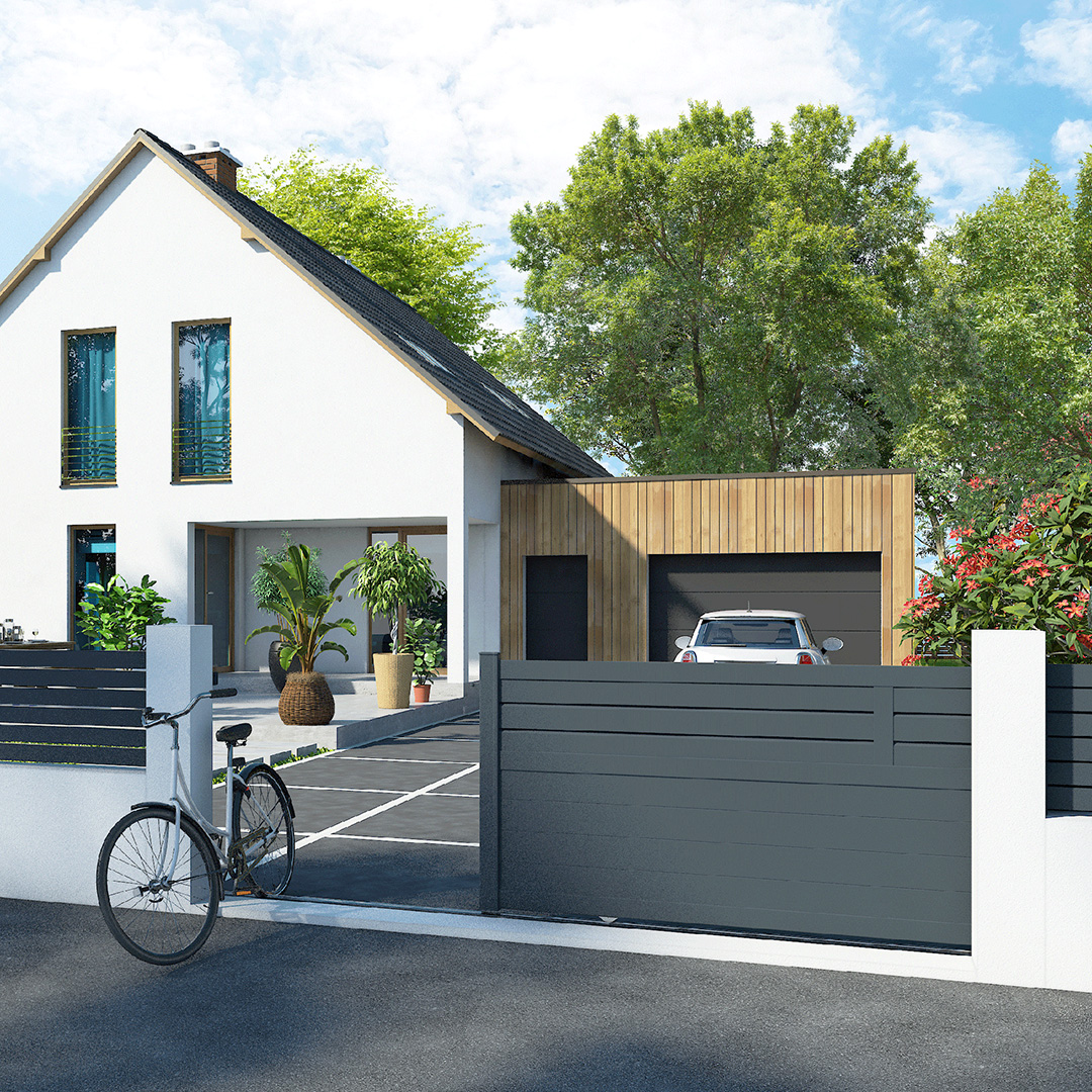 Portail coulissant mixte plein-persienne en aluminium CARO - Gris zinc (RAL7016)