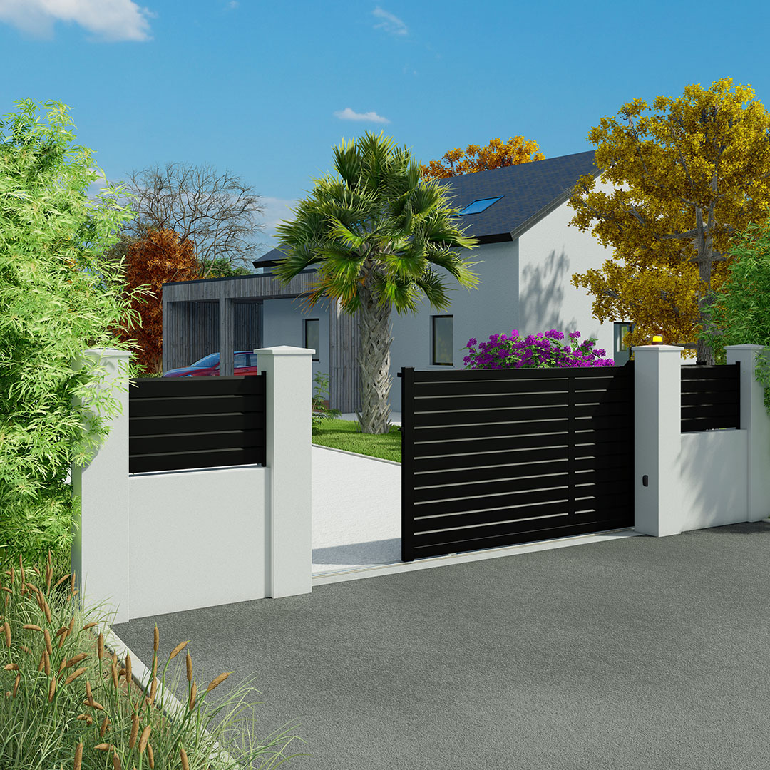 Portail coulissant persienne en aluminium, Noir 9005