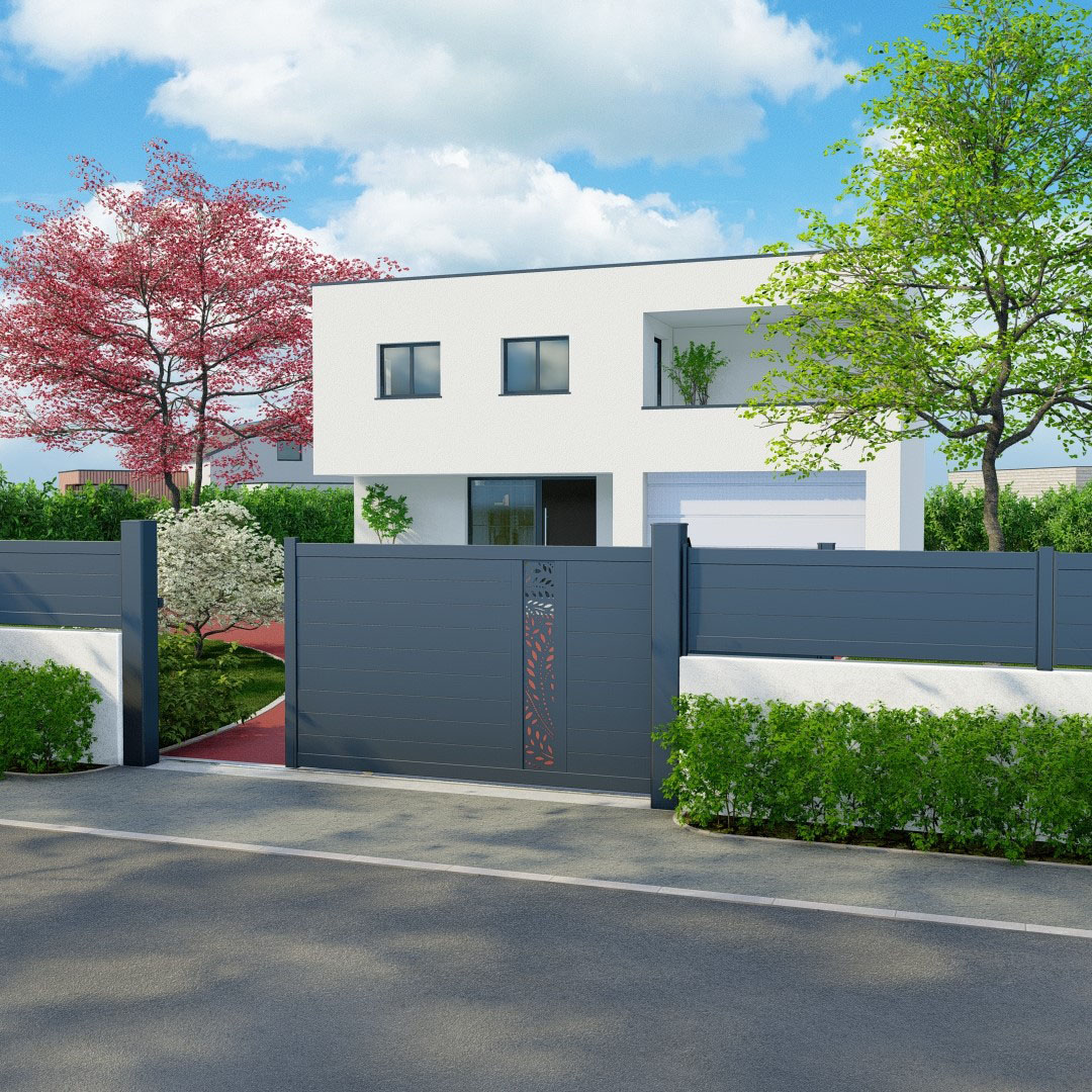 Portail coulissant MIX-IT, Décor SYLVA, RAL 7016