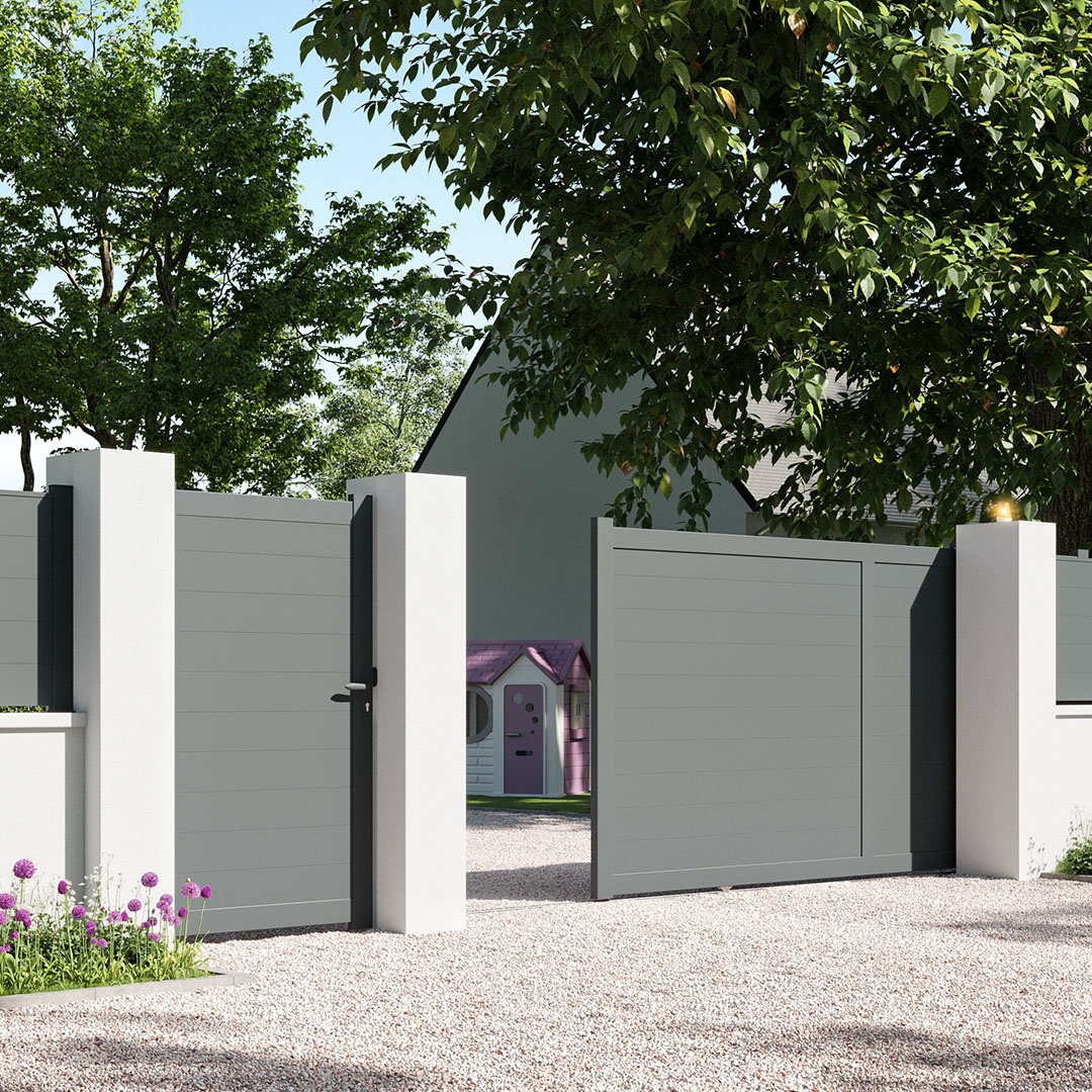 Portail coulissant plein en aluminium LAO - RAL 7016
