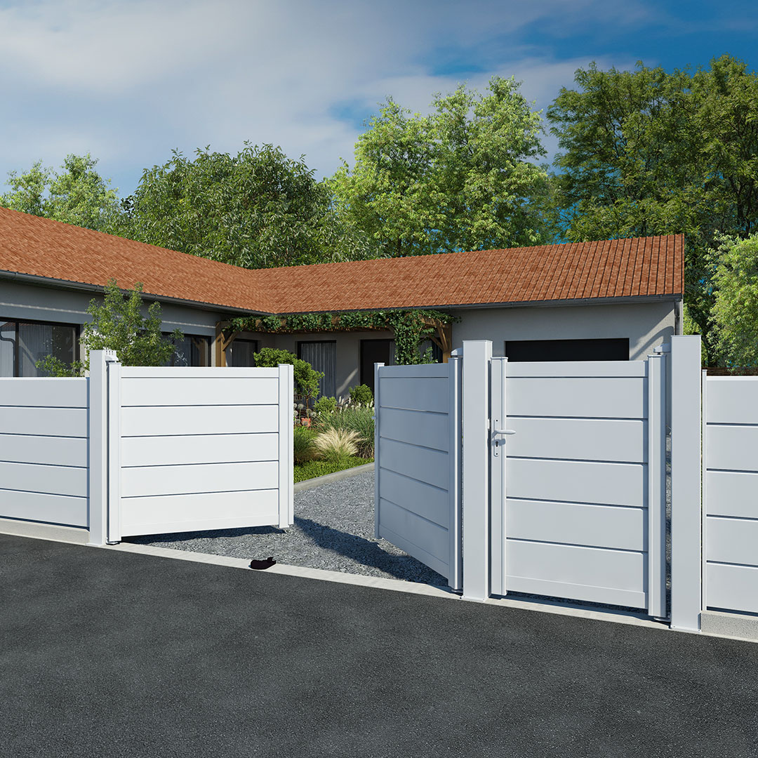 Portail battant et portillon persiennés en aluminium ALIZ – Blanc (RAL9016)