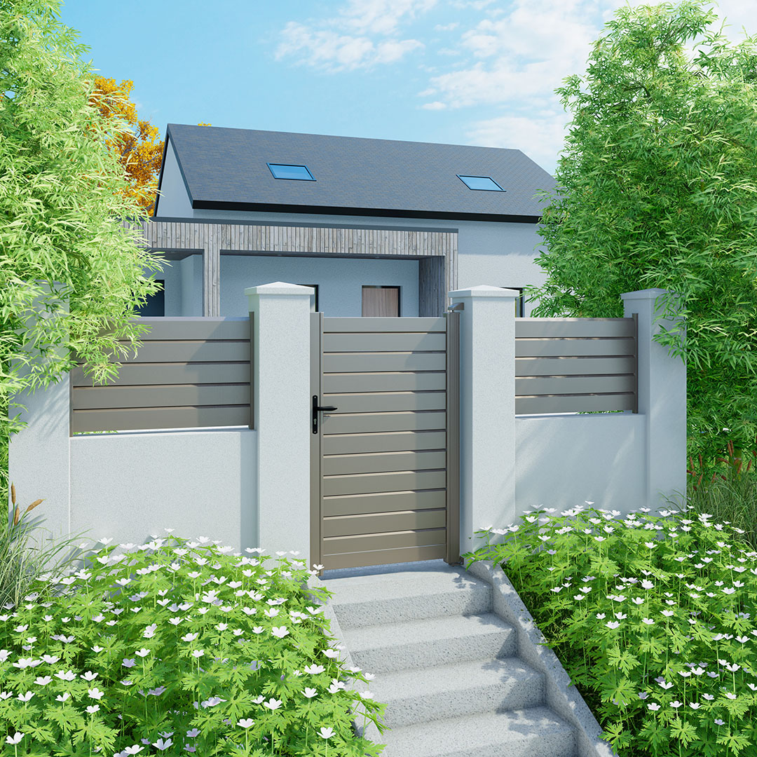 Portillon en aluminium persienné ZEF – Gris quartz (RAL 7039)
