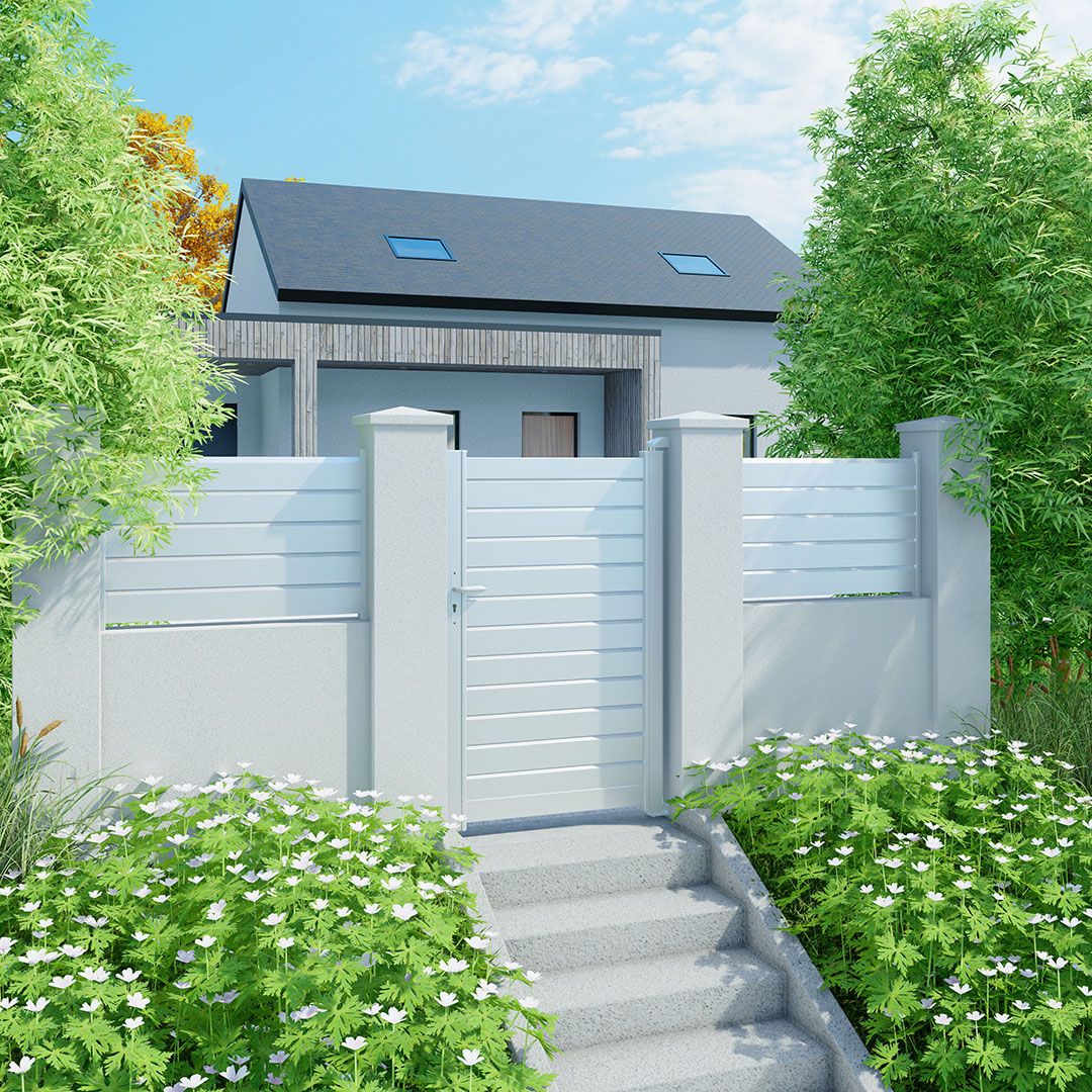 Portillon en aluminium ZEF, lames persiennes 130mm - poussant droit - RAL9016