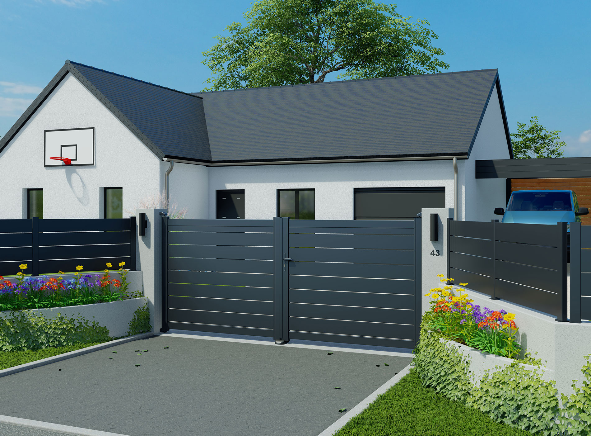 Portail battant en aluminium BONO - Gris zinc (RAL7016)